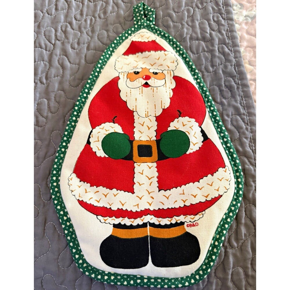 Vintage Santa Claus Christmas Quilted Fabric Potholder Oval Green Trim 1-Pack